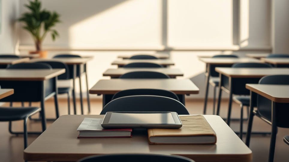 Een lege klas met houten bureaus en stoelen, een tablet en boeken liggen op een van de bureaus. Er is veel natuurlijk licht van de ramen.